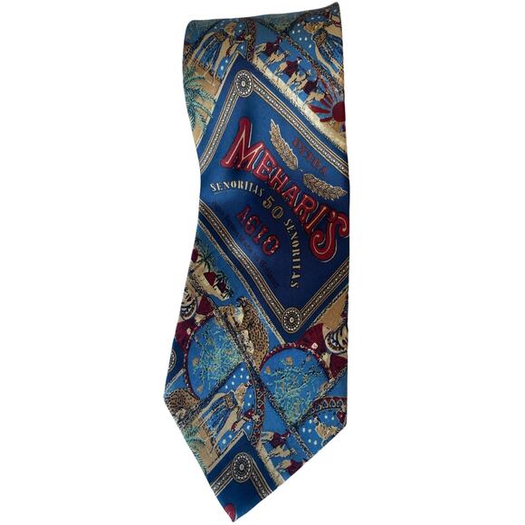 Agio Mehari's Senorita Cigar Men's Silk Tie Blue Red Cigar Box Logo 58x3 1/2" - Picture 5 of 8